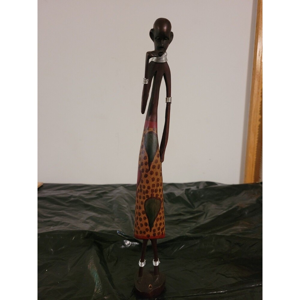 African Wood Sculpted Figure 12.5” Unmarked Missing Walking Stk/spear